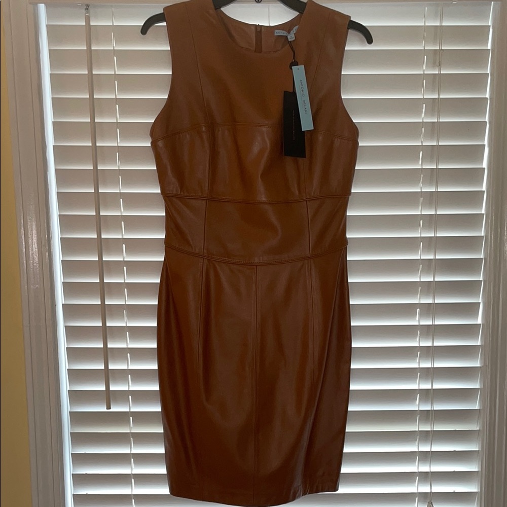 ANTONIO MELANI sleek and sophisticated leather dress! Camel colored. Size 6. NWT